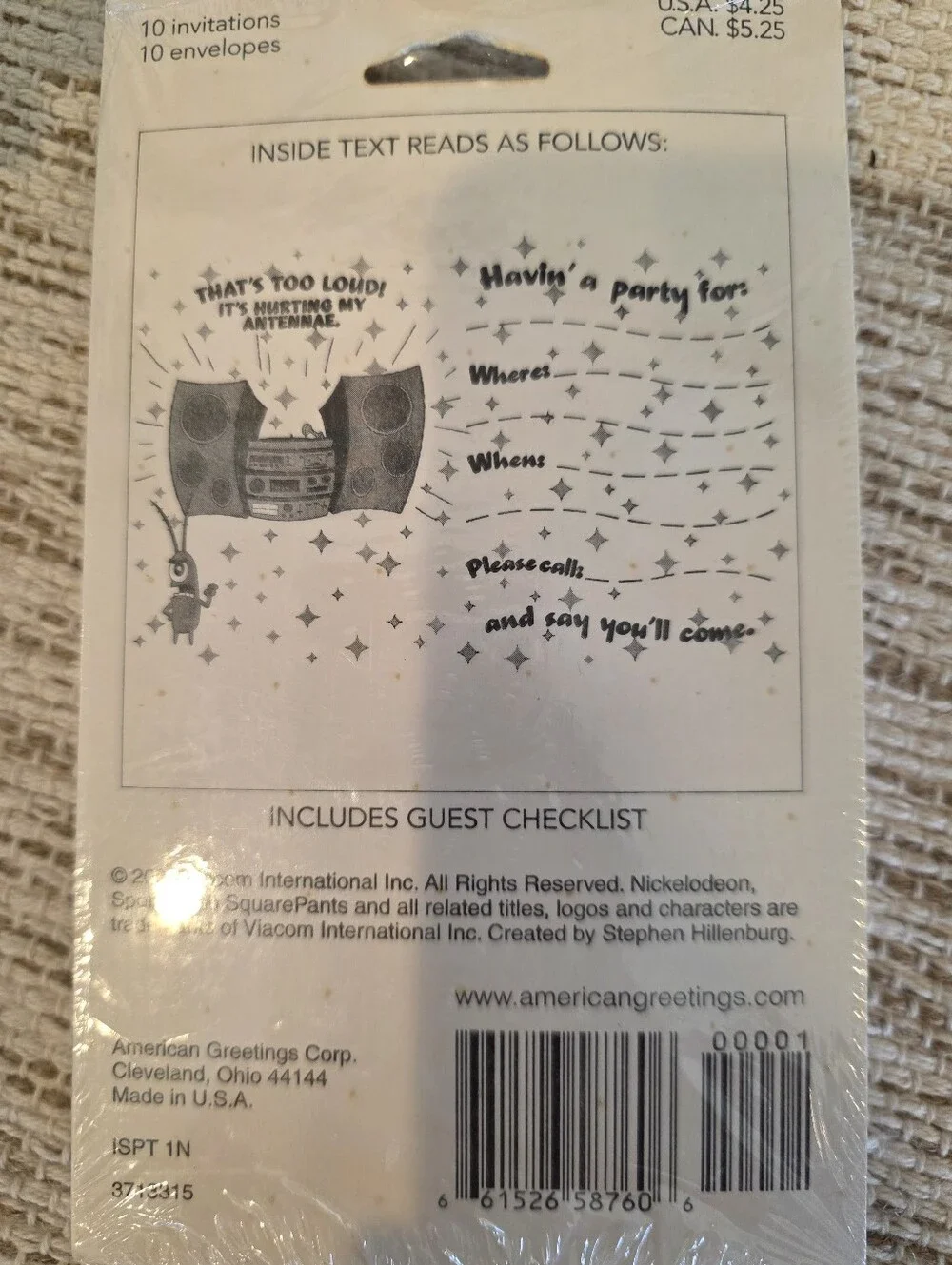 New! Sponge Bob Party Invitations 2005 American Greetings